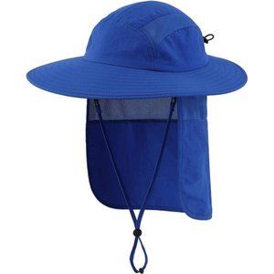 Mens UPF 50+ Sun Protection Cap Wide Brim Fishing Hat with Neck Flap Blue Hiking